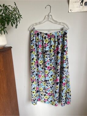 Flowy Boho Pendleton Midi Skirt with Black, Pink, Blue & Lime Florals - Cottage